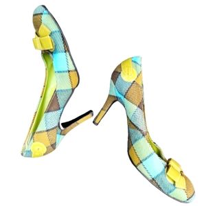 Womens 8 Amanda Smith Retro Coquette Green Blue Plaid Bow Toe 3 1/2" Heel Pumps